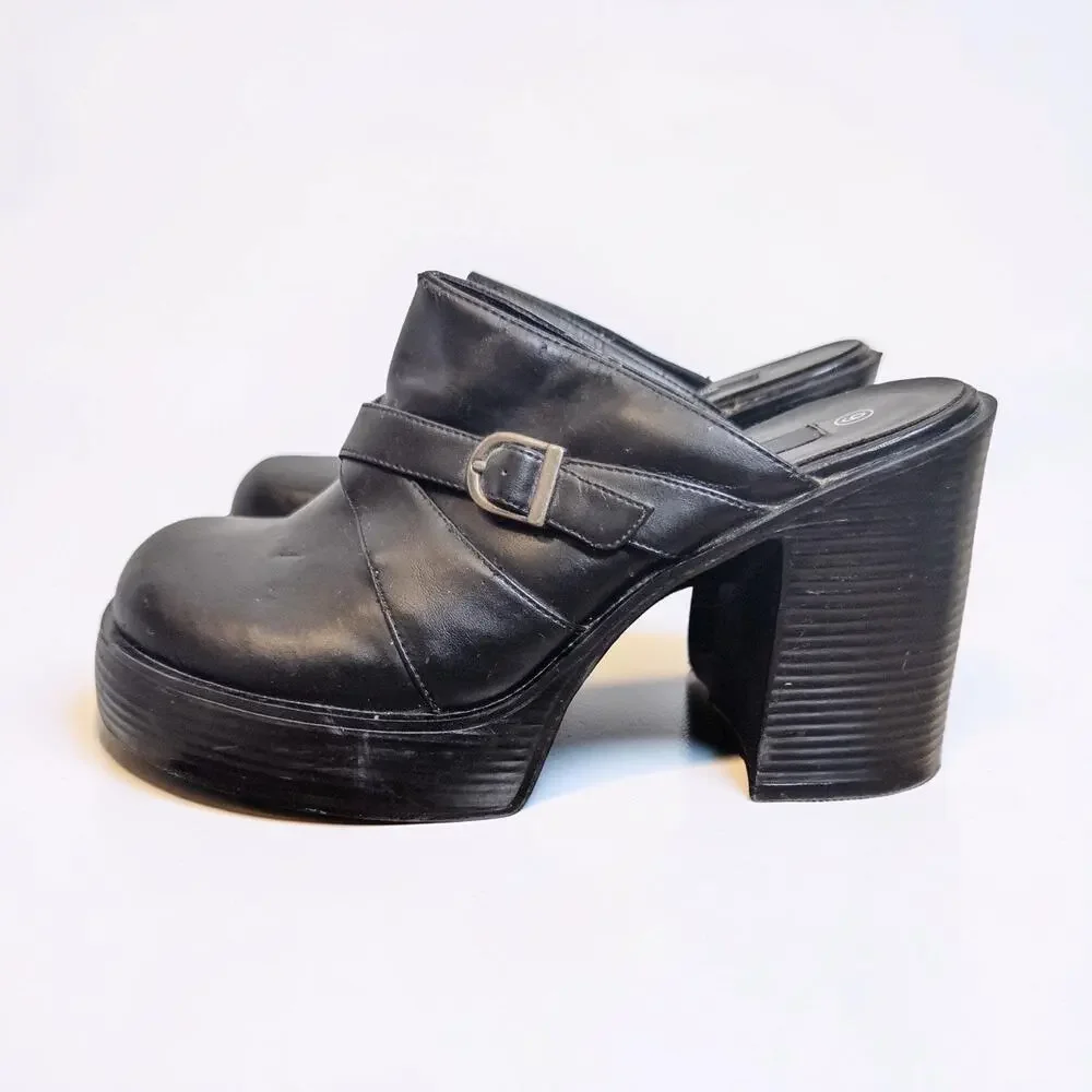 Y2K Xhilaration Black Platform Mule Clogs Buckle Heels Size 9
